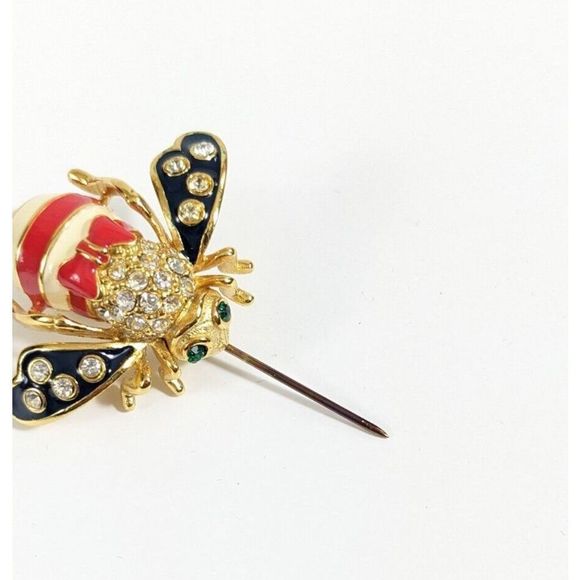Joan Rivers Patriotic God Bless America Bee Pin Brooch Red White Blue USA Bow - Picture 10 of 11